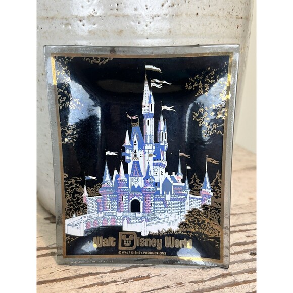 Vintage Walt DISNEY World Productions Glass Trinket Dish Smoked Gold Trim Castle - Picture 2 of 6